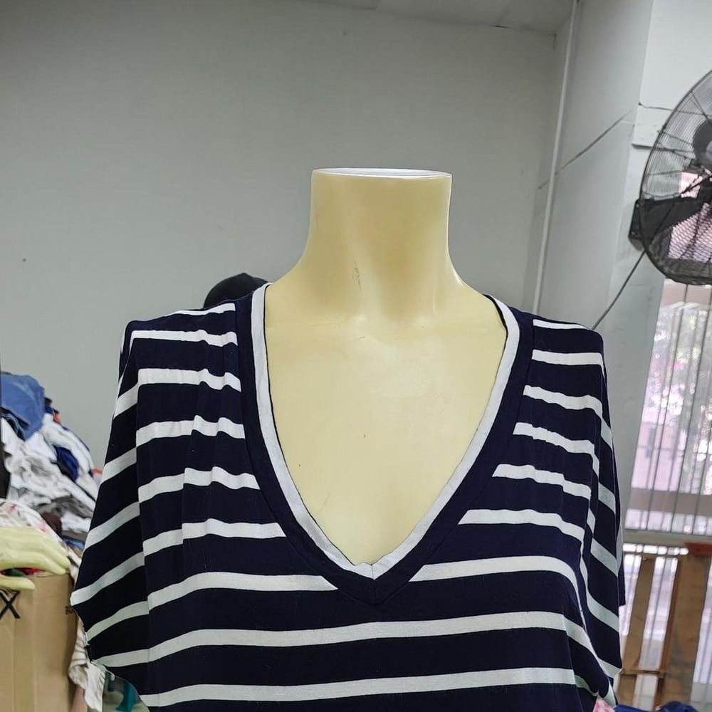 Bailey 44 Navy Blue White Striped V-Neck Short Sleeve Top Women Summer